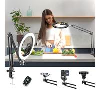 LUXSURE Ring Light with Stand for Desk, Adjustable Overhead Phone Mount with 10" Ring Light Tripod for iPhone, Phone Tripod with Light for Video Recording, Live Stream, Cooking
