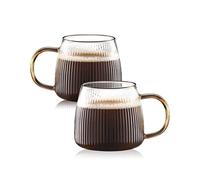 Luxtea Vintage Glass Coffee Mugs Set of 2 Ribbed Drinking Glasses Clear Tea Cups Borosilicate Glass Cup in Vertical Stripes Pattern for Cappuccino,Latte,Beverage (14 Fl.Oz.,Yellow Handle)