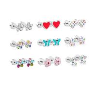 LUXUkisskids 9 Pairs Hypoallergenic Petite Earrings for Women - Stainless Steel Screw Back Studs, CZ Heart Star Floral Designs | Flat Back Security Earrings for Sensitive Ears