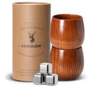 LUXULISH Wooden Bourbon Glass, Include 3 Stainless Steel Ice Cubes, The Original Wood Bourbon Drinking Tumbler, Old Fashioned Whiskey Glass Cup, Gifts for Men, Dad, Husband, Brother, Friends