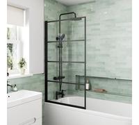 Luxura® 1400 x 800mm Black Large Grid Over Bath Shower Screen Door 6mm Clear Toughened Safety Glass Panel Bathroom Hinged Framed Bath Screens