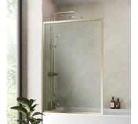 Luxura® 800 x 1400mm Brushed Brass Over Bath Shower Screen Fixed Door Glass Panels & Screens for Baths, Bathroom Framed Square Design, 6mm Toughened Safety Glass