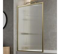 Luxura® 800 x 1400mm Brushed Brass Square Framed Fluted Over Bath Shower Screen 6mm Toughened Safety Glass Panels Bathroom Reversible Screen