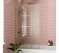 LUXURA® 800 x 1400mm Brushed Brass Square Grid Over Bath Shower Screen Door 6mm Clear Toughened Safety Glass Panel 180° Pivot Bathroom Hinged Framed Bath Screens
