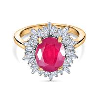 LUXURIANT African Ruby Halo Ring for Women 925 Sterling Silver 18K Yellow Gold Vermeil Plated, Oval Ruby & SI/GH Lab Grown Diamond Ring, Statement Engagement Cocktail Ring Gift for Her Size R