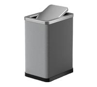 Luxurious 15L Stainless Steel Trash Can with PU Leather Outer Layer Slim 10/15L Design 360° Swing Lid for Bathroom Bedroom Office Waste Bin (Gray)