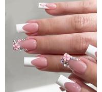 Luxurious 24Pcs French Square False Nails With Sparkling Rhinestones And Floral Designs Stick On For Girls Elegant False
