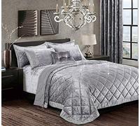 Luxurious 3 Piece Quilted Crushed Velvet Bedspread Bed Throw with Pillow Shams Santiago Silver Grey Double