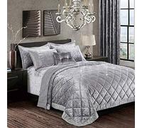 Luxurious 3 Piece Quilted Crushed Velvet Bedspread/Bed Throw with Pillow Shams Santiago Silver Grey Super King