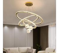 Luxurious 3-Tier Crystal Ring Chandelier with Remote Control Dimmable LED Ceiling Light Adjustable Height 120cm Elegant Indoor Lighting for Living Room Dining Room Foyer Staircase - Gold Fi.