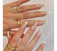 Luxurious 3D Gold Swirl Almond False Nails - 24PCS Press On Nails Short Square French Tip with Pearl Crystal Embellishments Charm for Women Elegant Party Wedding Look Autumn Halloween Kit