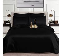 Luxurious 6-Piece Duvet Cover Set for Ultimate Comfort And Style Satin Silk Complete Bedding Set Duvet Cover Fitted Sheet 4 Pillow Cases 6 Pcs (Black, Double)
