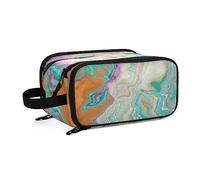 Luxurious Abstract Fluid Art Mixture of Turquoise Orange Beige Women's Portable Makeup Bag with Handle, Cosmetic Bag, Travel Cosmetic Bag Durable Toiletry Storage Organizer 11 x 7 x 5.7 inch