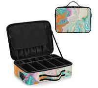 Luxurious Abstract Fluid Art Mixture of Turquoise Orange Beige Women's Portable Makeup Bag with Handle, Cosmetic Bag, Adjustable Dividers, Travel Cosmetic Toiletry Storage Organizer for women
