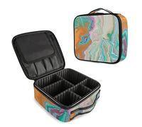 Luxurious Abstract Fluid Art Mixture of Turquoise Orange Beige Women's Portable Makeup Bags with Handle, Adjustable Dividers, Travel Cosmetic Toiletry Accessories Storage Organizer for Girls