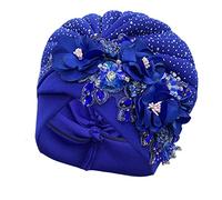 Luxurious African Women's Turban Cap Decorated with Rhinestone Bouquets Pleated Head Wraps Female Shinny Muslim Bonnet Hat, Royal Blue, M