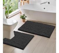 Luxurious Black 2-Piece Bath Mat Set: Plush Chenille Rugs, Anti-Slip Design, U-Shaped Toilet Mat, 1” Microfiber Shaggy Carpet for Superior Absorbency - Square Curved Set (20”x 30” + 20”x20” U, Black)