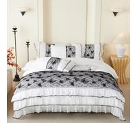 Luxurious Black Lace Butterfly Twin Duvet Cover Set, 3 Layer Ruffle Edge Coquette Bedding, French Vintage Style 2 Piece Duvet Cover,1 Duvet Cover with 1 Pillowcases, No Comforter