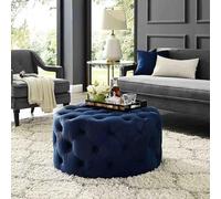 Luxurious Blue Plush Velvet Ottoman Stool Modern Round Tufted Footrest & Coffee Table Stylish End of Bed Bench for Bedroom & Living Room Decor