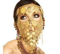 Luxurious & Elegant Gold Jewelry Veil Face Chain Mask For Dance, Carnival, Halloween Party Cosplay Accessory, Lady Belly Dance Jewelry Coin Veil, Adjustable Fit Size, Golden, One Size, Golden, One