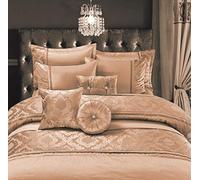 Luxurious Embroidered Casablanca Duvet Quilt Cover Bedding Set with Matching Pillowcases, Bed Throw with Pillow shams, Curtains & Filled Cushions Bed Linen Set (Gold, Bedspread with Pillowshams)