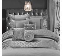 Luxurious Embroidered Casablanca Duvet Quilt Cover Bedding Set with Matching Pillowcases, Bed Throw with Pillow shams, Curtains & Filled Cushions Bed Linen Set (Silver, Double Duvet Cover Set)