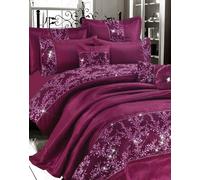 Luxurious Embroidered Gigi Duvet Quilt Cover Bedding Set with Matching Pillowcases, Bedspread Throw with Pillow shams & Filled Cushion Bedroom Linen Set (Plum, Double Duvet Cover Set)