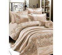 Luxurious Embroidered Gigi Duvet Quilt Cover Bedding Set with Matching Pillowcases, Bedspread Throw with Pillow shams & Filled Cushion Bedroom Linen Set (Mink Gold, Single Duvet Cover Set)
