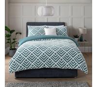 Sleepdown Geo Jacquard Fleece Duvet Cover Thermal Waem Cosy Super Soft Teal White Bedding Set with Pillowcase King Size (220cm x 230cm)