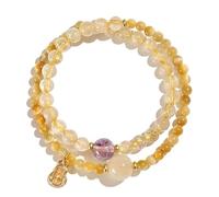 Luxurious Gold Rutilated Crystal Citrine Feng Shui Wealth Bracelet with Tiger Eye Stone - Double Layer Quartz Bangle for Chakra Balance and Protection(Amethyst)