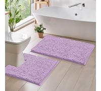 Luxurious Lavender Bath Mat Set: 2-Piece Chenille Rugs with Soft Plushness, Anti-Slip Design, U-Shaped Toilet Mat. 1'' Microfiber Shaggy Carpet. Machine Washable, Curved Set Square