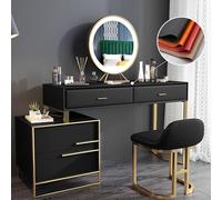 Luxurious Leather Makeup Vanity Table with Mirror & LED Light Eco-Friendly Dressing Table for Women 39.4" Black Makeup Desk with 4 Spacious Drawers Elegant Design