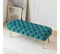 Luxurious Light Blue Velvet Bench with Metal LegsTufted Upholstered Accent Stool for Living Room Entryway Dining RoomStylish Long Seat & Foot Rest Home Decor