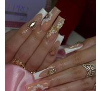Luxurious Long Fake Nails with Sparkling Rhinestones and Delicate Flower Art Square 3D Fake Nails