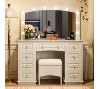 Luxurious Makeup Vanity Set with Mirror 3-Color LED Lighting Elegant Dressing Table with Padded Stool and 9 Drawers for Bedroom Storage and nization