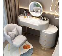 Luxurious Modern Vanity Set with LED Smart Mirror Smooth Rock Plate Countertop Metal Legs Makeup Chair & Side Cabinet - Stylish Dressing Table for Glamorous Spaces