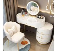 Luxurious Modern Vanity Set with LED Smart Mirror Smooth Rock Plate Countertop Metal Support Legs Includes Makeup Chair & Side Cabinet Drawers for Elegant Dressing Experience