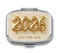 Luxurious New Year's 2026 in Golden Balloon Pill Box 2 Compartment Portable Medicine Pill Case Travel Pill Organizer for Pocket Purse