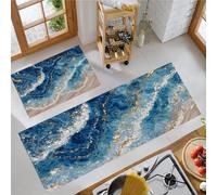Luxurious Ocean Waves And Beaches Kitchen Carpet Runners Navy Blue Non Slip Washable Kitchen Rug Set Gold Leaf Marble Absorbent Low Pile Floor Mat For Bedroom Entrance Laundry, 40X60Cm+40X120Cm