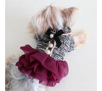 Luxurious Pearl Tweed Dog Tulle Dress Plush Pet Fall Winter Birthday Wedding Bow Christmas Costume Tutu Skirt Small Pet Apparel (Wine Red, Medium)