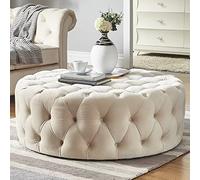 Luxurious Plush Footrest Ottoman, Modern Round Velvet Pouf, Stylish Coffee Table, Soft Upholstered Bench for Living Room & Bedroom - Beige 60x60x40cm (24x24x16inch)