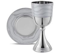 Luxurious Polished Nickel Plated With Silver Enamel Kiddush Cup Set in a Gift Box - Elegant 5.75" Wine Cup Goblet And Matching Tray - Stunning Shabbat, Yom Tov, Passover Seder Décor By Zion Judaica