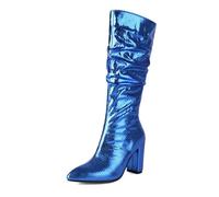 Luxurious Silver Women's Metal Fashion Show Boots Elegant Wedding Party Evening Dress T Stage Nightclub European America Long Mid-Calf Candy Colored High Heel Footwear (Blue, 5)