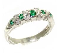 Luxurious Solid Sterling Silver Natural Emerald & 0.16ct Diamond Womens Eternity Anniversary Ring - Size P