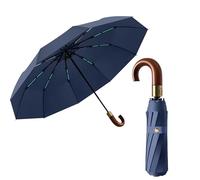 Luxurious Travel Folding Umbrella for Men Automatic Open/Close Crook Real Wooden J Handle Coating Layer Fabric Blocking/Portable Golf/Car Backpack/Rain Sun Anti UPF 50 UV Protection 99.9%