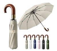 Luxurious Travel Folding Umbrella with Crook Real Wooden J Handle for Men/Portable /Automatic Open/Close Coating Layer Fabric Blocking/Rain Sun/Anti UPF 50 UV Protection 99.9%/Golf/Car Backpack