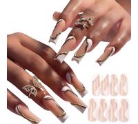 Luxurious White and Gold Striped Nails Art Set 3D French Tip Appliques Long Square Tool Set Provided False Long