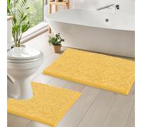 LuxUrux Bath Mat, Luxury Chenille (2-Piece) Bath Mat Set, Soft Plush Anti-Slip Bath Rug + Toilet Mat.1'' Microfiber Shaggy Carpet, Super Absorbent (Curved Set, Yellow)