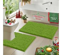 LuxUrux Bath Mat Set - Non-Slip Bathroom Mat and Square Cut-Out Pedestal Mat for Toilet - Perfect for Modern Bathroom Décor. (Green, 50 x 80 cm + Square Shaped 50 x 50 cm)