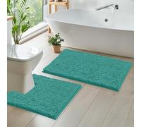 LuxUrux Bathroom Rugs Chenille 2-Piece Bath Mat Set, Soft Plush Bath Rug +Toilet Mat.1'' Microfiber Shaggy Carpet, Super Absorbent (Turquoise, 50 x 80 cm Ractangluer + 50 x 50 cm Curved Square)